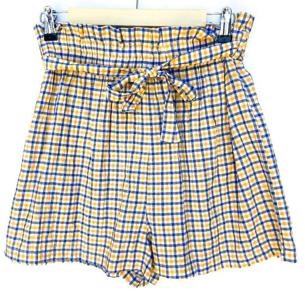 Urban Outfitters Blue Yellow White Plaid Tie Waist Paperback Shorts